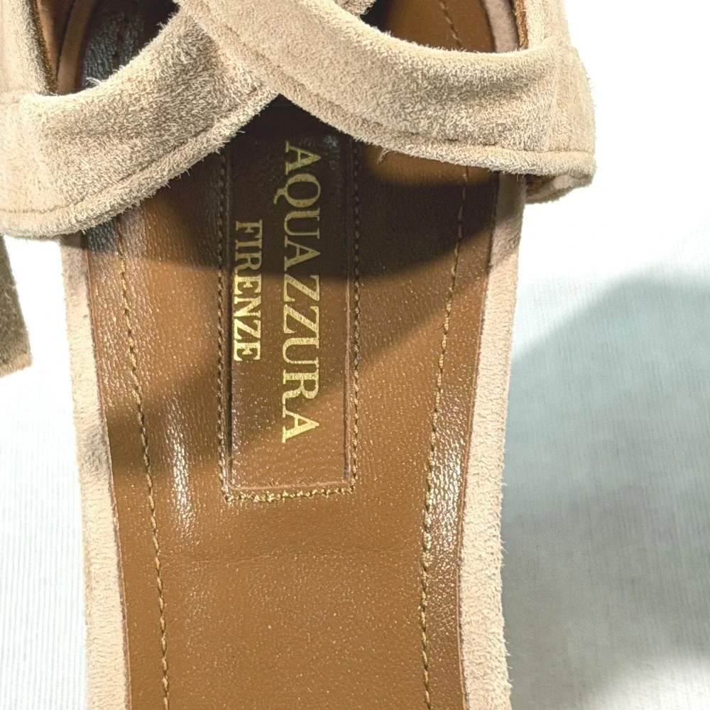 Aquazzura Tarzan Beige Suede Ankle Tie Wedge Sandals Size 8 8.5 38.5 Italy
